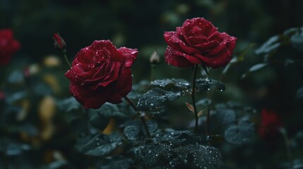 Two vibrant red roses with droplets, set against a dark, lush background.