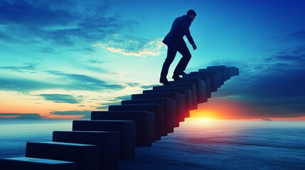 110.A businessman is depicted repeatedly pushing a series of identical blocks into place, symbolizing the consistency needed for success. Each block represents a completed task, forming a path toward