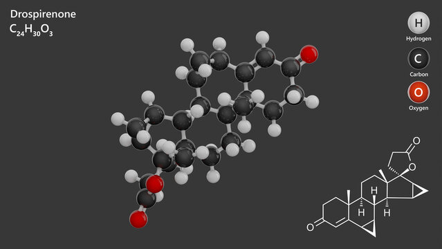Molecule: Drospirenone. Contraceptive. Molecular structure. Formula: C24H30O3. Chemical model: Ball and stick. Gray background. 3D illustration.