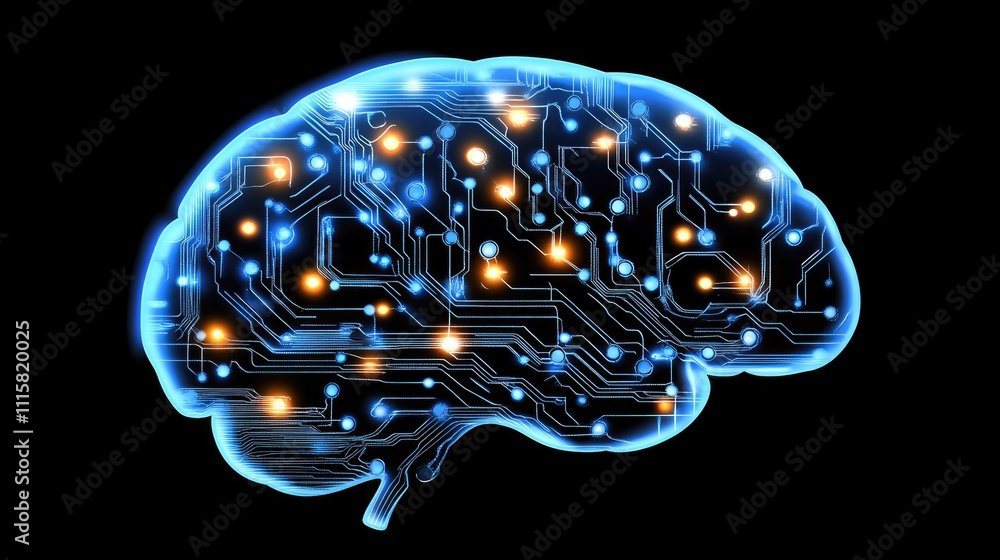 Poster futuristic digital brain with circuit board patterns and lights