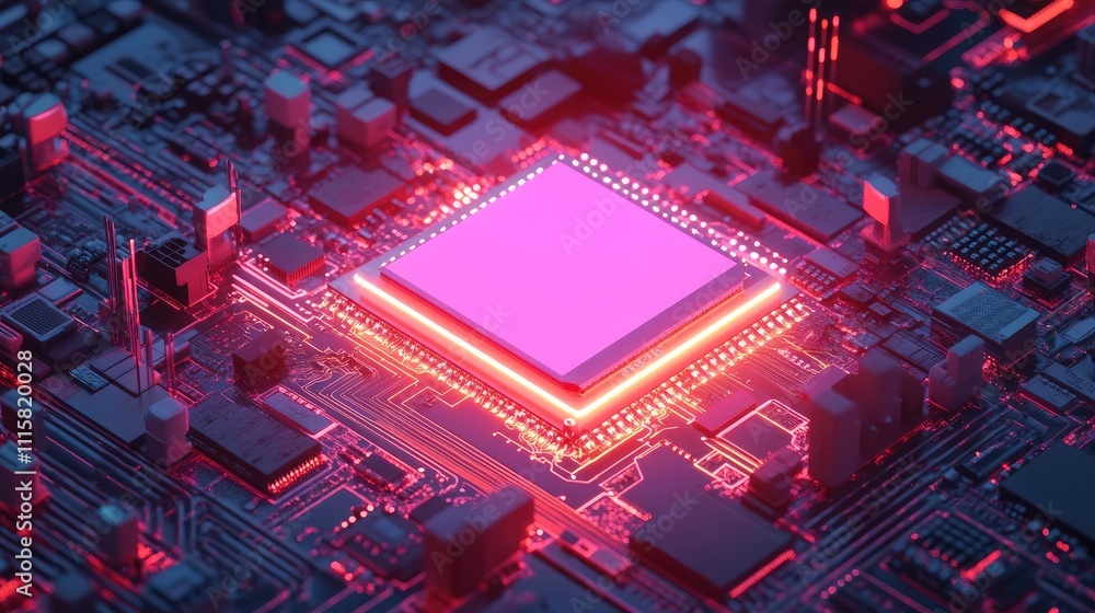 Poster abstract digital circuit board with neon lights and microchip focus