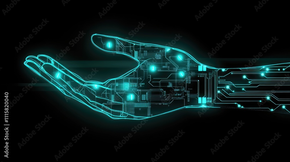 Poster futuristic digital hand with circuit patterns and glowing elements