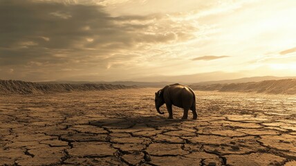 An elephant stands alone in a dry, cracked landscape under a dramatic sky.