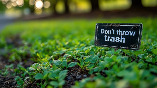 Black sign reading "Don’t throw trash" placed on fresh green plants in urban park, environmental awareness, city greenery, clean environment, eco-friendly public reminder.