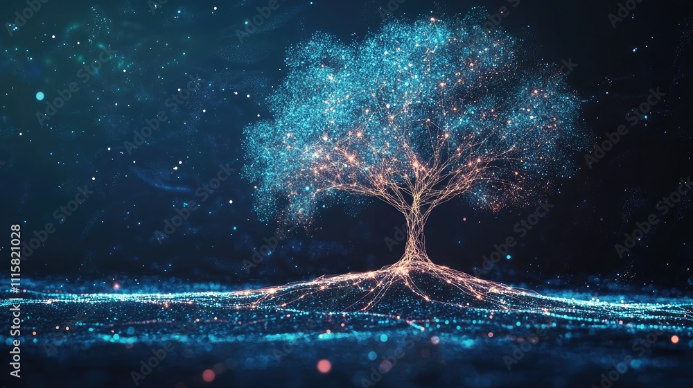 Aufkleber glowing tree with sparkling roots in cosmic space background
