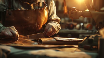 A craftsman works on leather goods in a workshop, showcasing skill and craftsmanship.