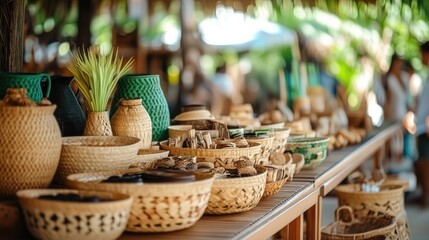 A display of woven baskets and natural products at a market.