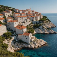 A cluster of white stone houses perched on a Croatian cliff, overlooking the Adriatic Sea.