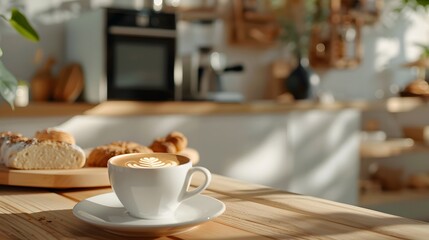 Fototapeta premium Artistic coffee with latte and freshly baked goods in cozy kitchen setting morning vibe