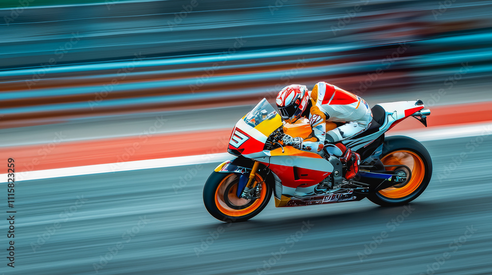 Fototapete Motorcycle in high speed on road racing track - Moto GP and grands prix concept - Models by AI generative.