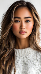 Naklejka premium Stunning Portrait of a Young Woman with Long Brown Hair and a White Sweater A Captivating Image of Feminine Beauty and Elegance