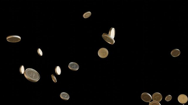 Golden coins rain with Yen-Yuan symbols: wealth, fortune, prize money, bet game and donation concept. Alpha channel PNG codec (only original 4K version) transparent background. Streamlabs OBS Overlay.