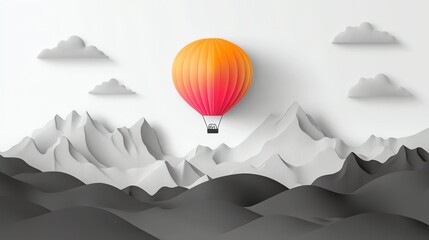 A hot air balloon with a red and orange gradient hovers above a paper landscape.