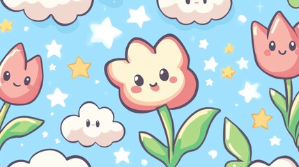 Fototapeta premium A whimsical illustration featuring smiling flowers, clouds, and stars against a blue background.