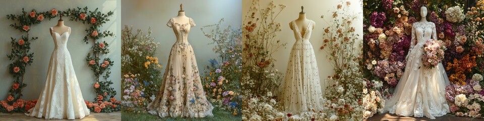 Wedding dress on mannequin. Elegant bridal gowns with floral arrangements showcased.