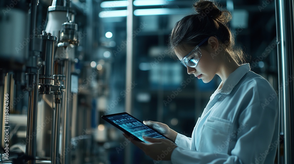 Poster a scientist in a lab using a tablet to analyze data.