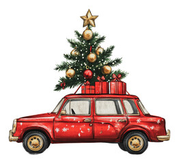 Red car with Christmas tree and gifts on top, cut out - stock png.