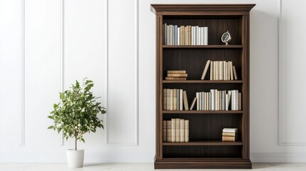 Dark Wooden Bookcase Filled With Books And A Plant