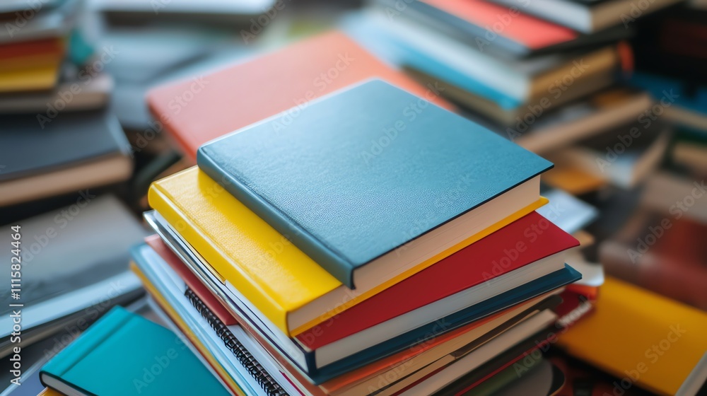Poster a stack of colorful books on a table with other books blurred in the background.