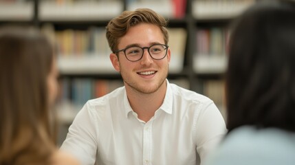 Young man with glasses smiling while engaging in conversation with friends in a library setting with books in the background, showcasing teamwork and connection.