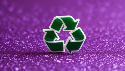 A green recycling symbol on a purple glittery background.