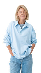 Smiling woman wearing a light blue shirt and denim jeans, isolated on a clean white background. Casual fashion style, cheerful mood