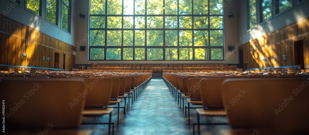 Poster sunlit auditorium with rows of empty chairs facing a large window overlooking lush green trees.