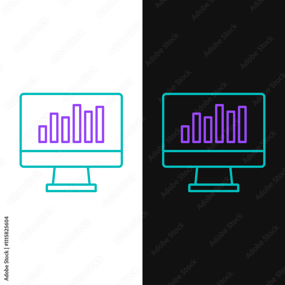 Poster line computer monitor with graph chart icon isolated on white and black background. report text file