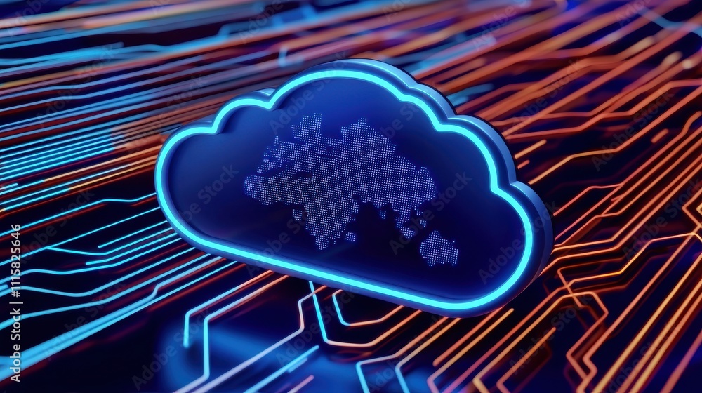 Poster cloud security certification concept. digital cloud icon on a circuit board background with vibrant 