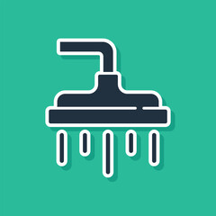 Obraz premium Blue Shower head with water drops flowing icon isolated on green background. Vector