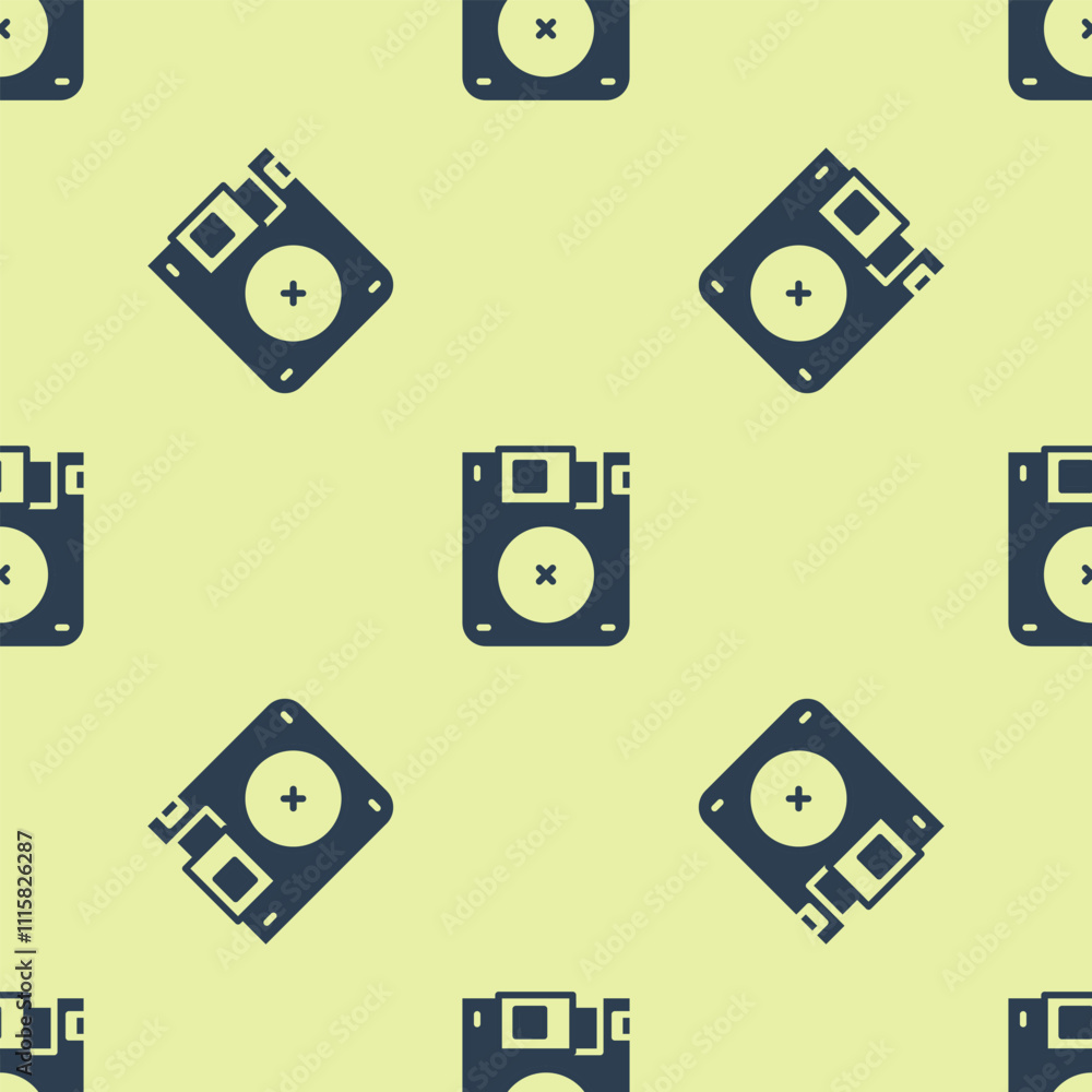 Poster blue floppy disk for computer data storage icon isolated seamless pattern on yellow background. disk