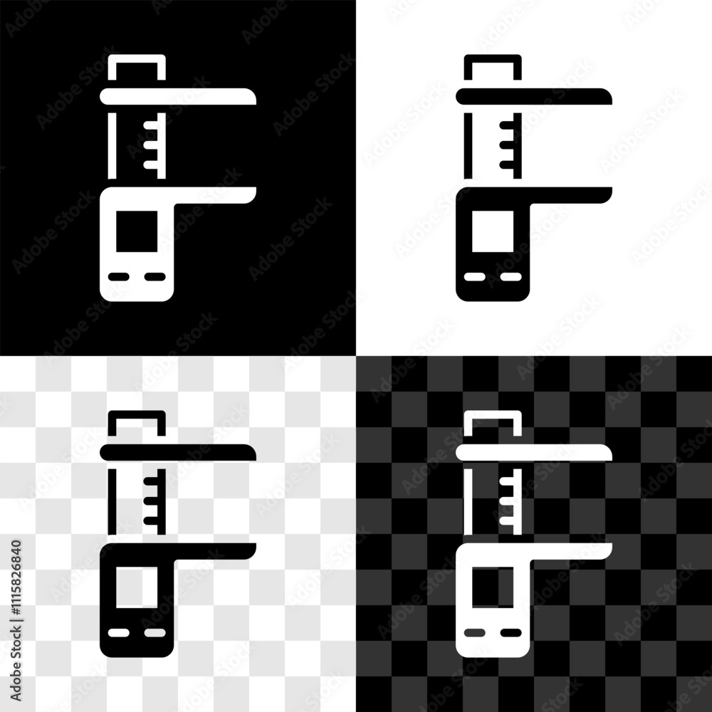 Poster set calliper or caliper and scale icon isolated on black and white, transparent background. precisio