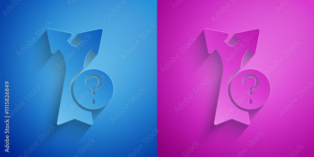 Poster paper cut arrow icon isolated on blue and purple background. direction arrowhead symbol. navigation 