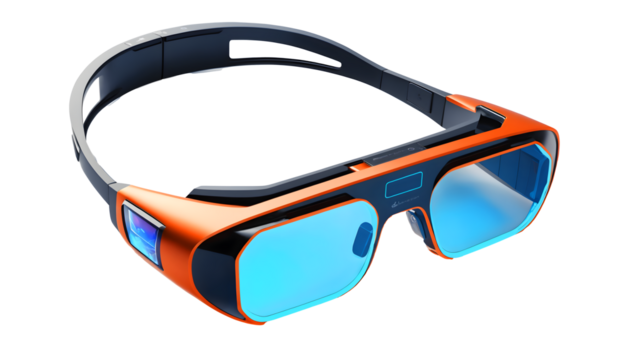 A pair of futuristic smart glasses with a sleek, modern design. The glasses feature a transparent visor and integrated sensors, hinting at augmented reality capabilities