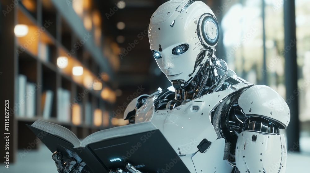 Poster A hyper-realistic robot with intricate designs stands in a modern library, absorbed in a book. The warm light filters through large windows, highlighting metallic features
