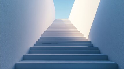 Obraz premium White stairs leading to a bright white light at the end in a minimalist, blue room.