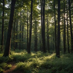 Obraz premium Secluded woodland clearing surrounded by towering trees.