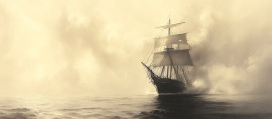 Fototapeta premium Sailing ship in foggy sea, sepia toned.