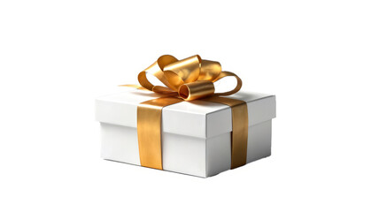 Presented on a transparent background, a white gift box with gold ribbon stands out.