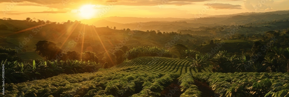 Poster the sun setting over rolling hills covered in rows of cacao trees.