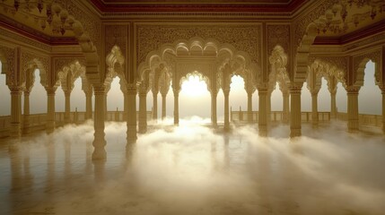 Obraz premium Enchanting Palace Courtyard Reflecting the Warm Glow of the Setting Sun