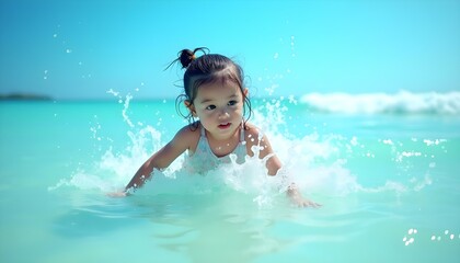 Asian Girl Playing and Swimming in the Sea Enjoying the Beach and Water Summer Fun