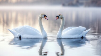 Obraz premium Elegant swans swimming in calm lake, reflective water surface, romantic nature scene, wildlife beauty, serene moment, peaceful pair of white birds, tranquil setting.