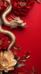 Fototapeta premium Golden dragon on red with floral accents: festive asian design