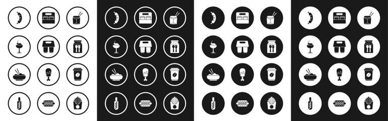 Set Asian noodles and chopsticks, Coffee cup to go, Ice cream in bowl, Hotdog, Online ordering delivery, and Rice with icon. Vector