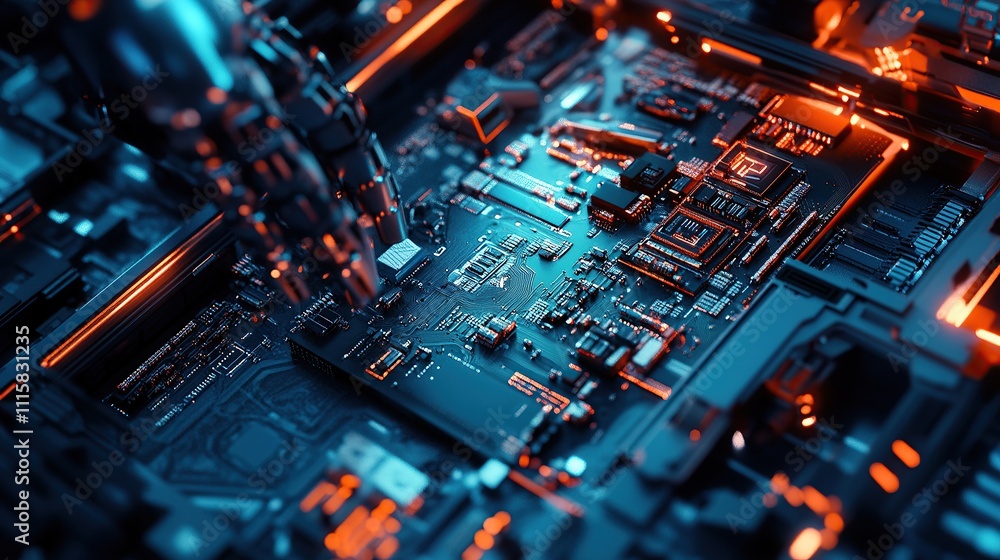 Poster close-up of a futuristic circuit board with glowing elements and robotic hand.