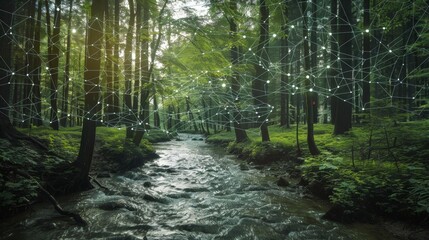 Obraz premium A stream s through the forest acting as a natural gateway for data to flow through the decentralized network.