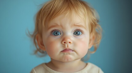 Portrait of sad little girl with blue eyes, tear-stained face, pigtails, emotional child expression, turquoise background, innocence, vulnerability, close-up, young kid crying.
