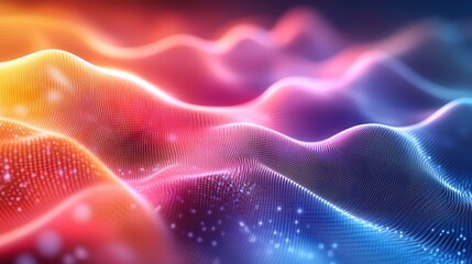 Fototapeta premium Abstract digital background with a glowing mesh and a gradient of pink, yellow, and blue.