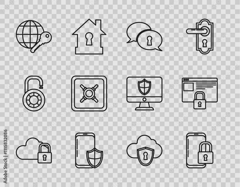 Poster set line cloud computing lock, smartphone with closed padlock, protection of personal data, security